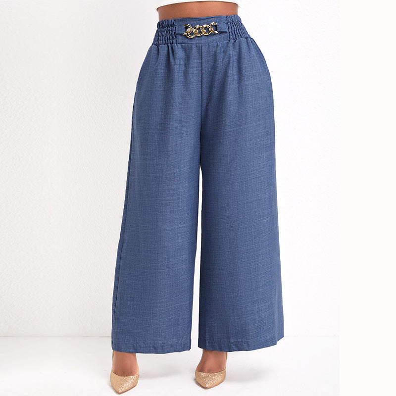 Damen Elegante Weitbein-Hose mit elastischem Bund und goldener Kette