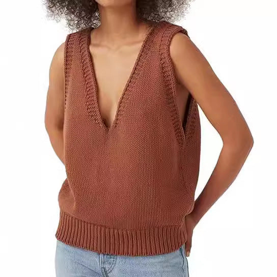 Damen Stricktop mit tiefem V-Ausschnitt und strukturiertem Abschluss R&B
