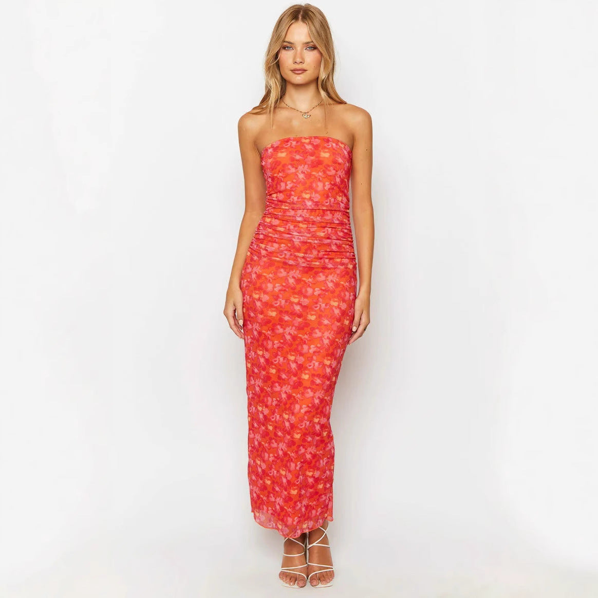 Damen figurbetontes Maxikleid mit strapazierfähigem Stretchstoff und floralem Design R&B