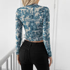 Damen Cropped Langarmshirt mit romantischem Vintage-Druck R&B