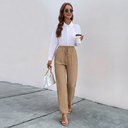 Damen lässige High-Waist-Hose mit elastischem Bund und praktischen Taschen R&B