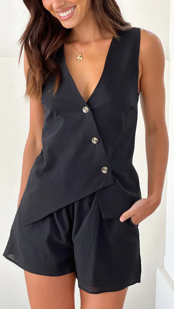 Damen lässiges Sommer-Outfit mit V-Ausschnitt und asymmetrischem Schnitt R&B