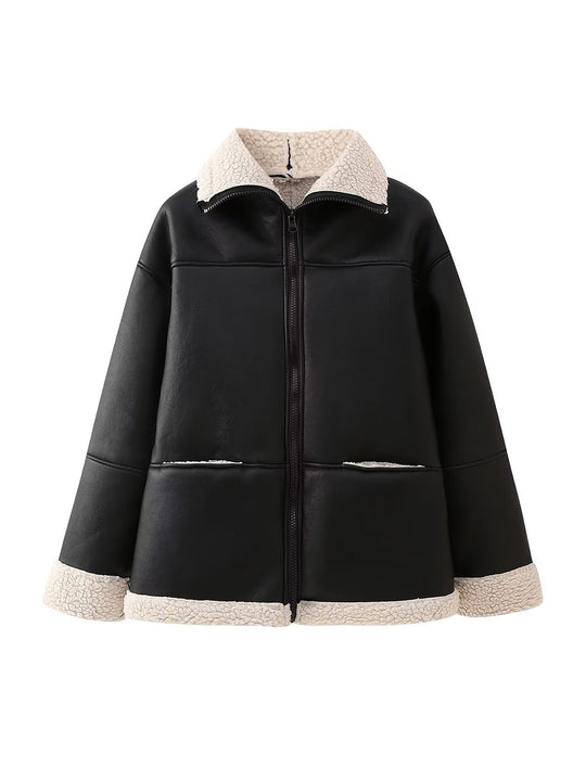 Damen Kunstlederjacke mit kuscheligem Innenfutter und hohem Kragen R&B