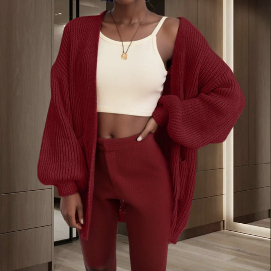 Damen Großer Strickjacke mit voluminösen Ärmeln und praktischen Taschen R&B