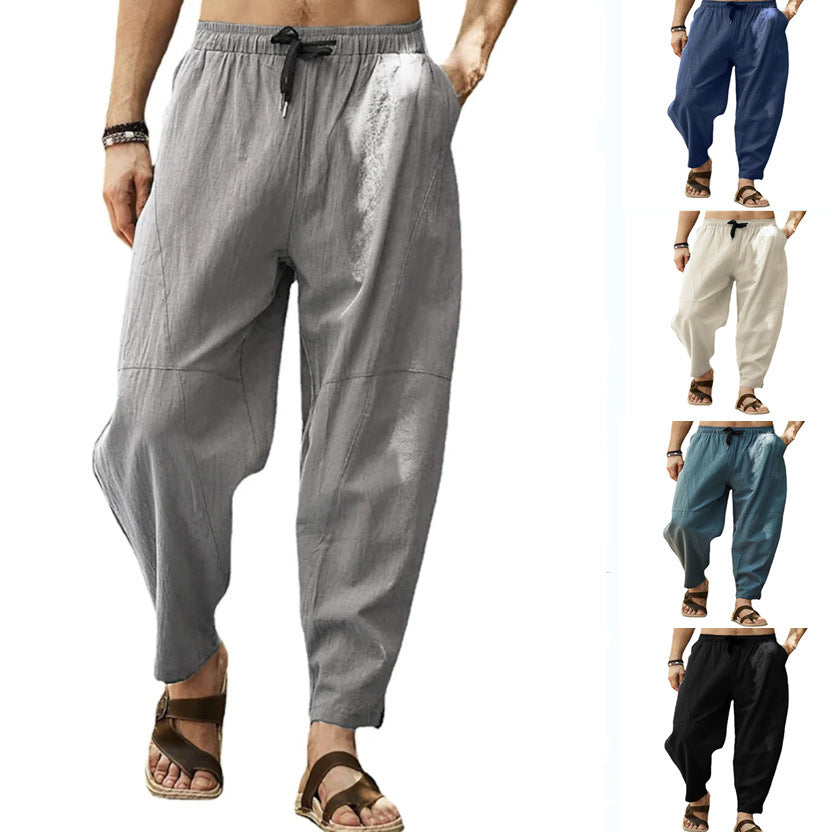 Herren nan lässige Leinenharemshose mit elastischem Bund und seitlichen Eingrifftaschen R&B