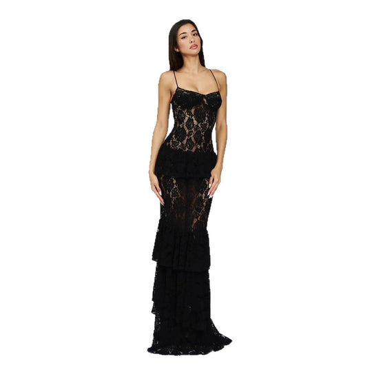 Damen Spitzen-Ballkleid mit Rüschendetails und figurbetontem Schnitt R&B