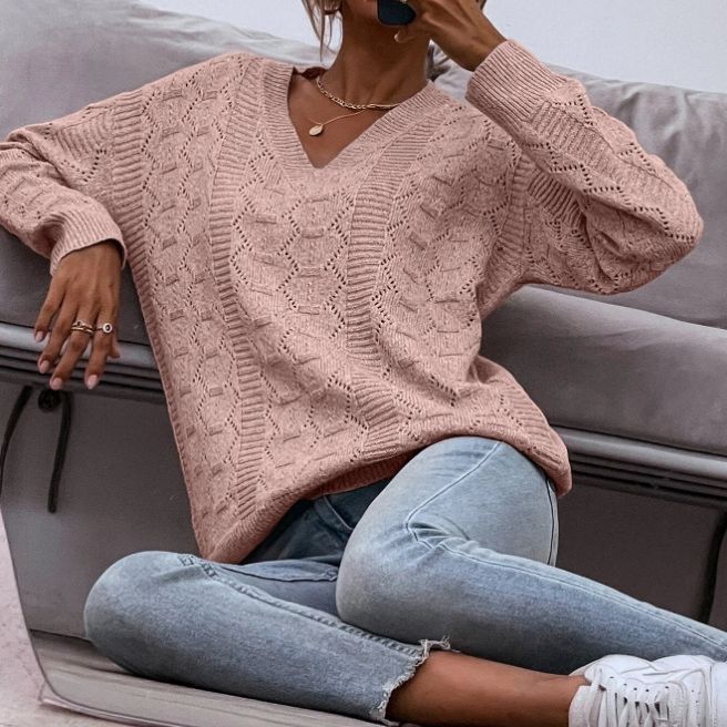 Damen Strickpullover mit V-Ausschnitt und lockerer Passform R&B