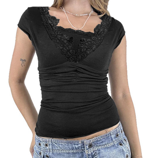 Damen elegantes Oberteil mit feinem Spitzenbesatz und Raffung R&B