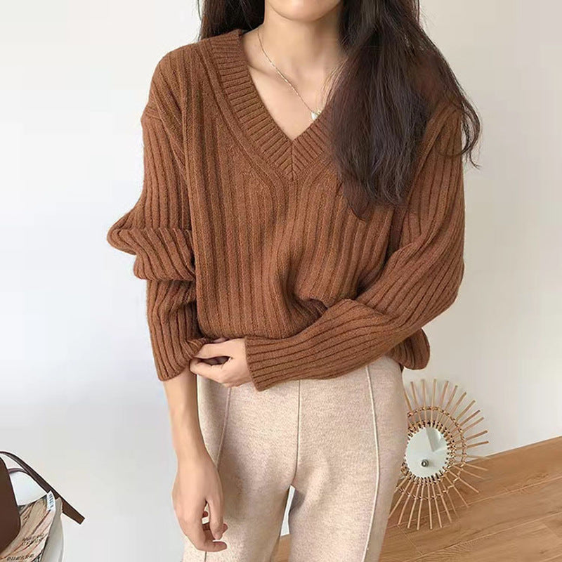 Damen Viskose-Strickpullover mit V-Ausschnitt und geripptem Design R&B