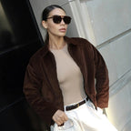 Damen Modische Cordjacke mit lässigem Schnitt und geradem Kragen R&B
