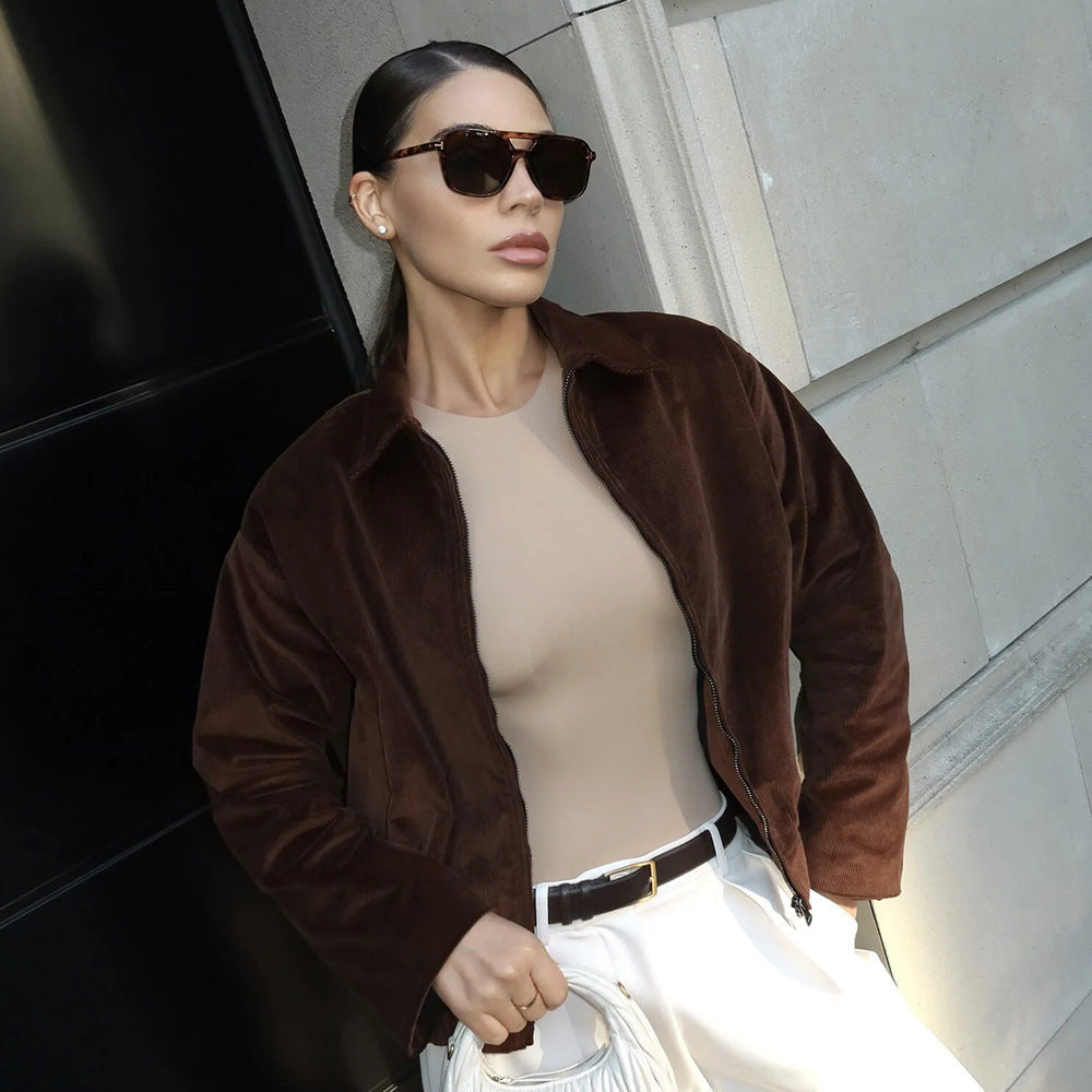 Damen Modische Cordjacke mit lässigem Schnitt und geradem Kragen R&B