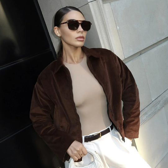 Damen Modische Cordjacke mit lässigem Schnitt und geradem Kragen R&B