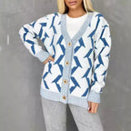 Damen gemütlicher Strickcardigan mit modernem Blitze-Design und Knopfverschluss R&B