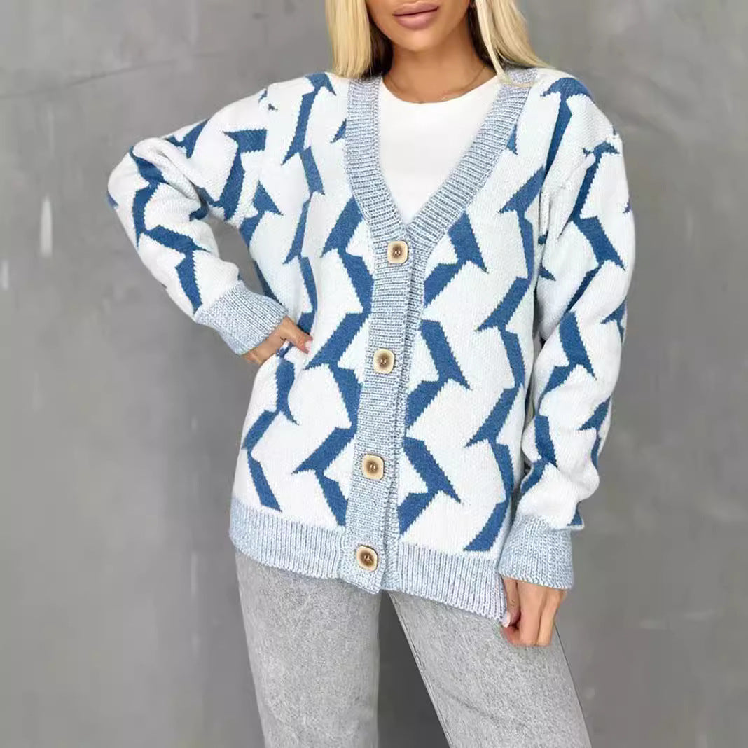 Damen gemütlicher Strickcardigan mit modernem Blitze-Design und Knopfverschluss R&B