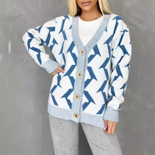 Damen gemütlicher Strickcardigan mit modernem Blitze-Design und Knopfverschluss R&B