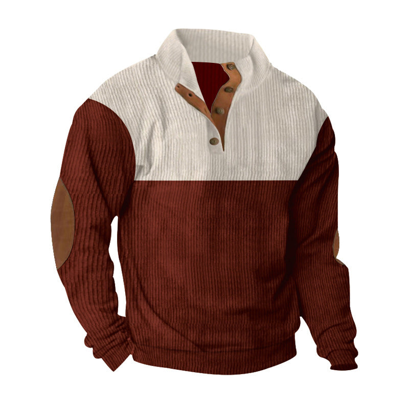 Herren nan lässiger Strickpullover mit Knopfleiste, Stehkragen und Ellenbogenpatches R&B