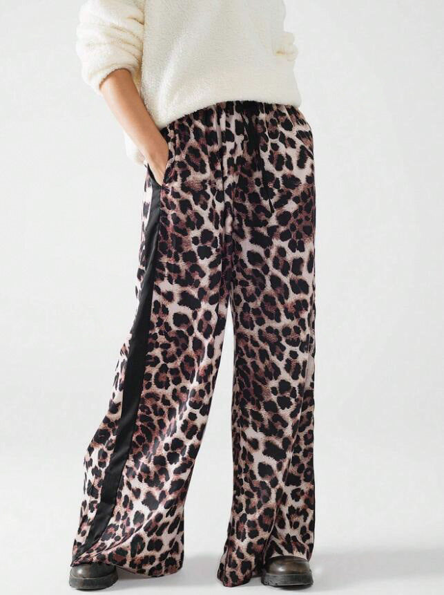 Damen weite Leinenhose mit modischem Leopardenmuster und kontrastierendem Streifen R&B