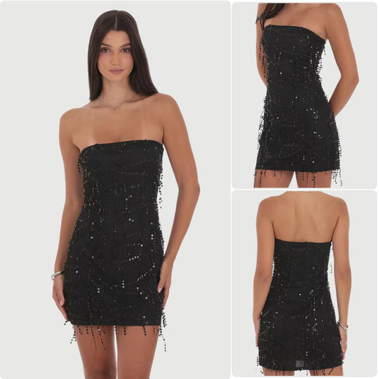 Damen Elegantes schulterfreies Cocktailkleid mit funkelnden Pailletten und figurbetontem Schnitt R&B