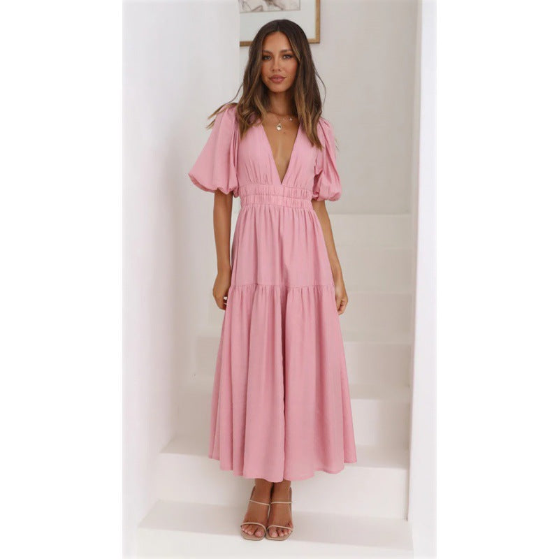 Damen Midi-Kleid mit Puffärmeln und tiefem V-Ausschnitt R&B