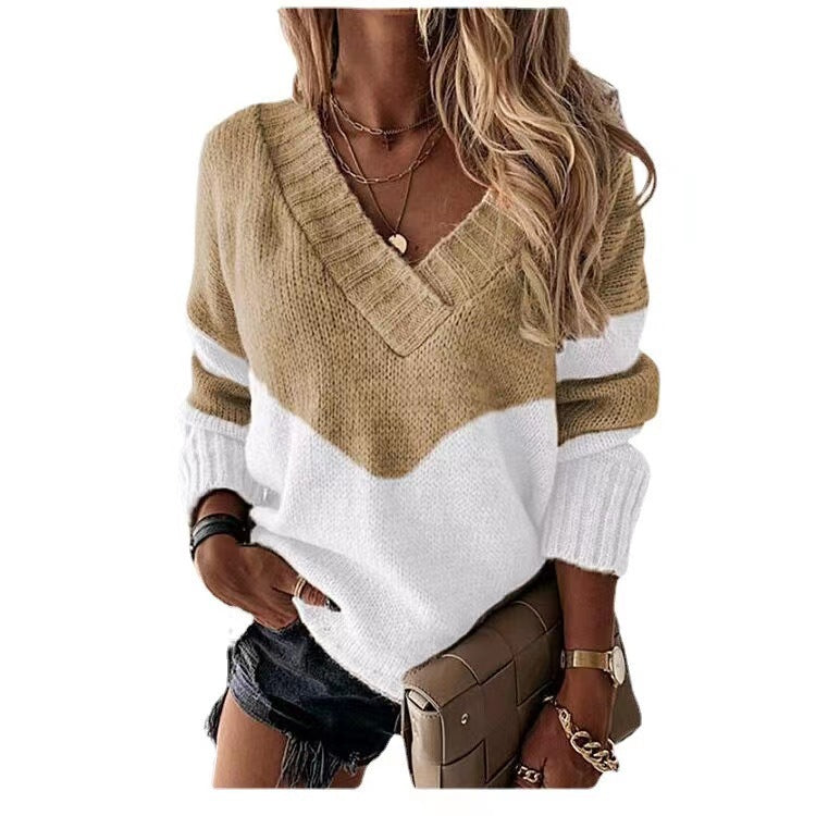 Damen Strickpullover mit V-Ausschnitt und trendigen Farbblockmustern R&B