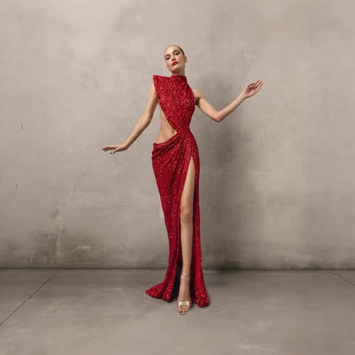 Damen glamouröses Abendkleid mit asymmetrischem Schnitt und glitzerndem Stoff R&B