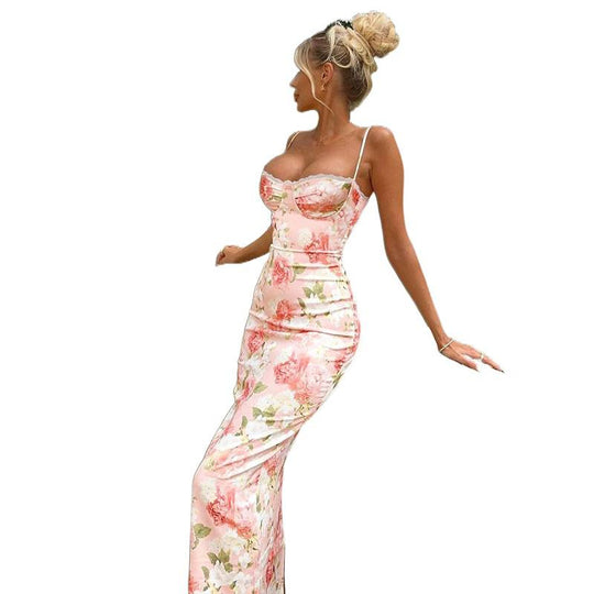 Damen Langärmeliges Satin Maxikleid mit floralen Rüschen R&B