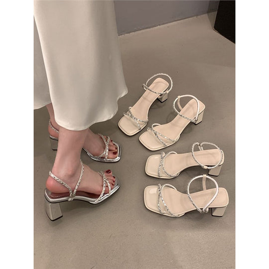 Damen elegante Sandalen mit funkelnden Riemchen und modischem Blockabsatz R&B