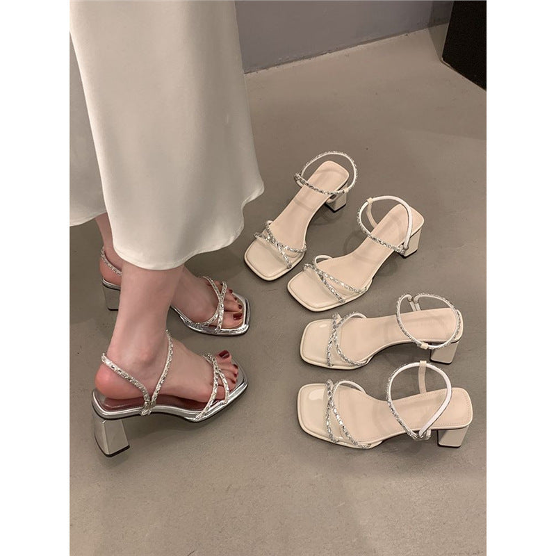 Damen elegante Sandalen mit funkelnden Riemchen und modischem Blockabsatz R&B