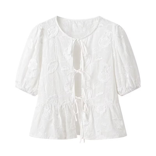 Damen Bluse mit floralem Stickmuster und romantischen Rüschendetails R&B
