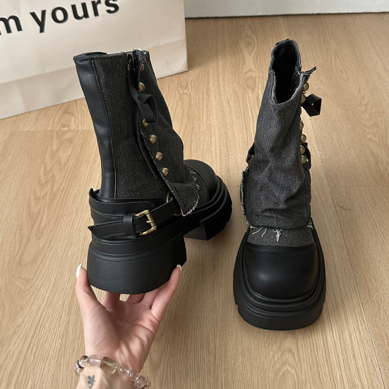 Damen Modische Chunky Stiefeletten mit dekorativem Riemen und robustem Profil R&B