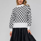 Damen lässiger Pullover mit modernem Rautenmuster und lässigem Schnitt R&B