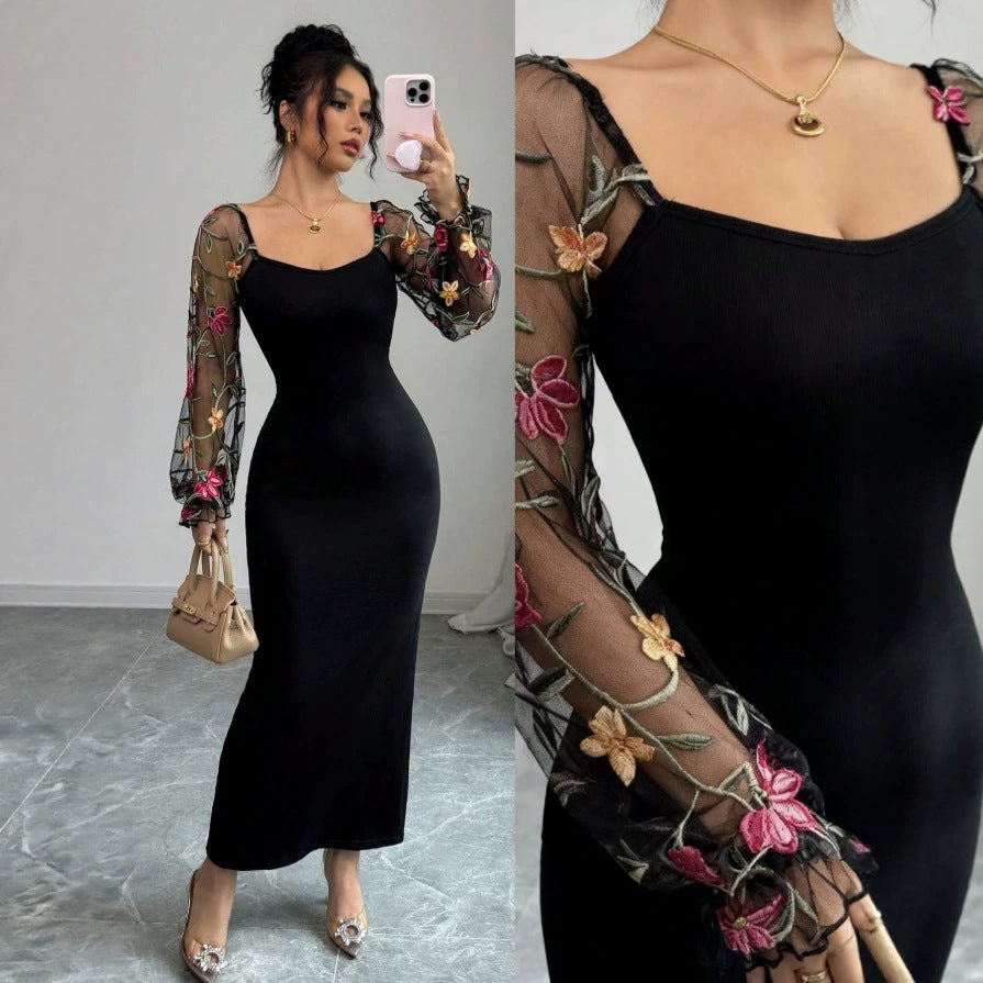 Damen Elegantes Maxikleid mit floralen Spitzenärmeln und figurbetontem Schnitt R&B