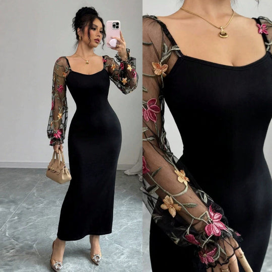 Damen Elegantes Maxikleid mit floralen Spitzenärmeln und figurbetontem Schnitt R&B