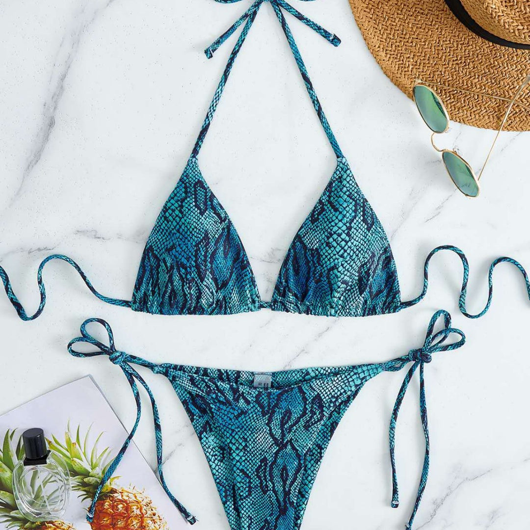 Damen Triangel-Bikini mit Schlangenprint und verstellbaren Trägern R&B
