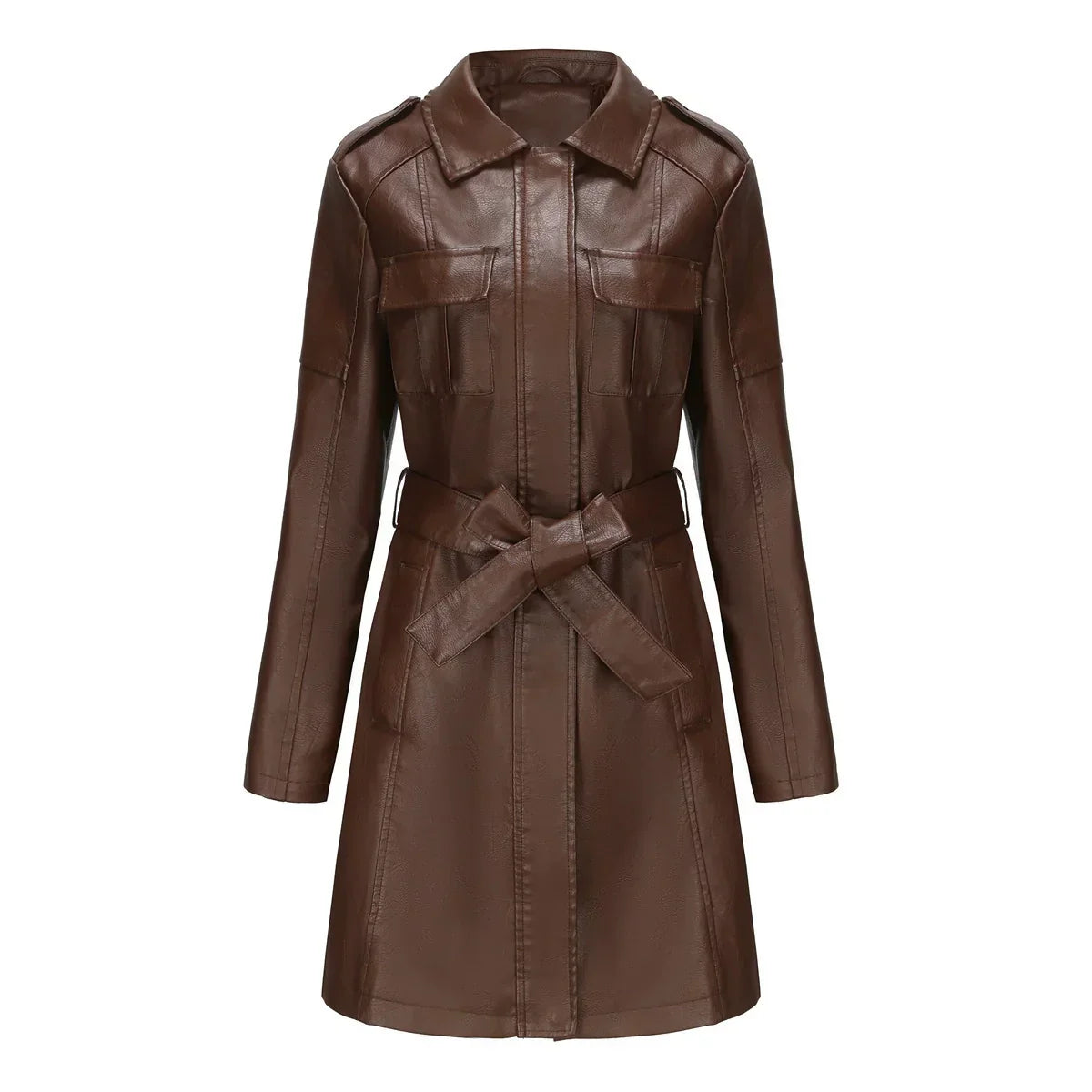 R&B | Schicke Lange Damen PU-Lederjacke mit Taschen