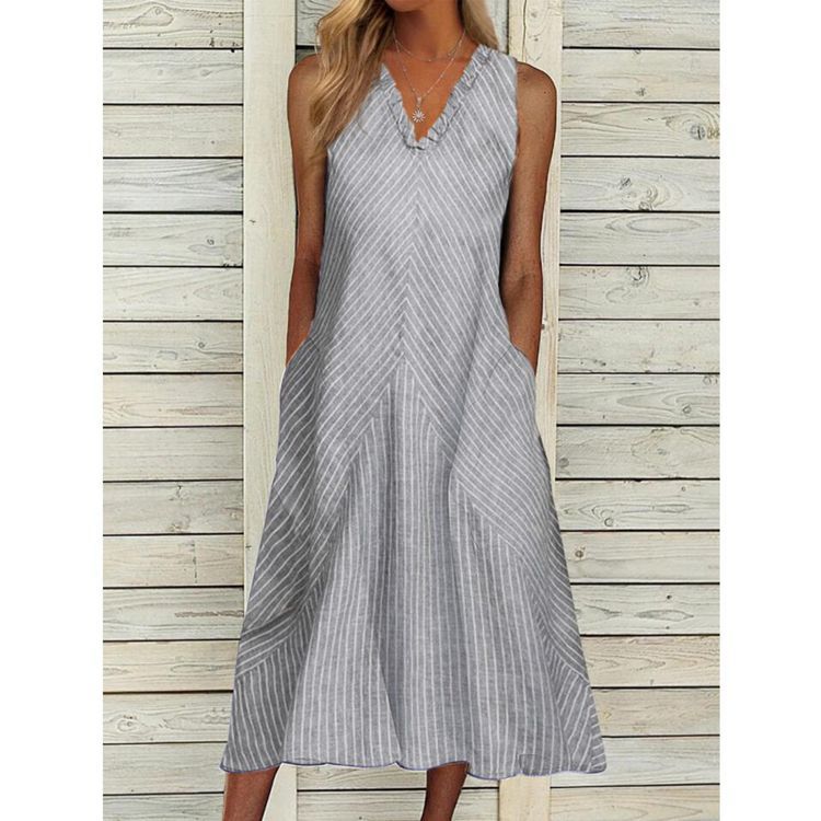 Damen Legeres A-Linien Kleid mit V-Ausschnitt und praktischen Taschen Heidi-Mode