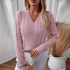Damen modischer Strickpullover mit tiefem V-Ausschnitt und Zopfmuster