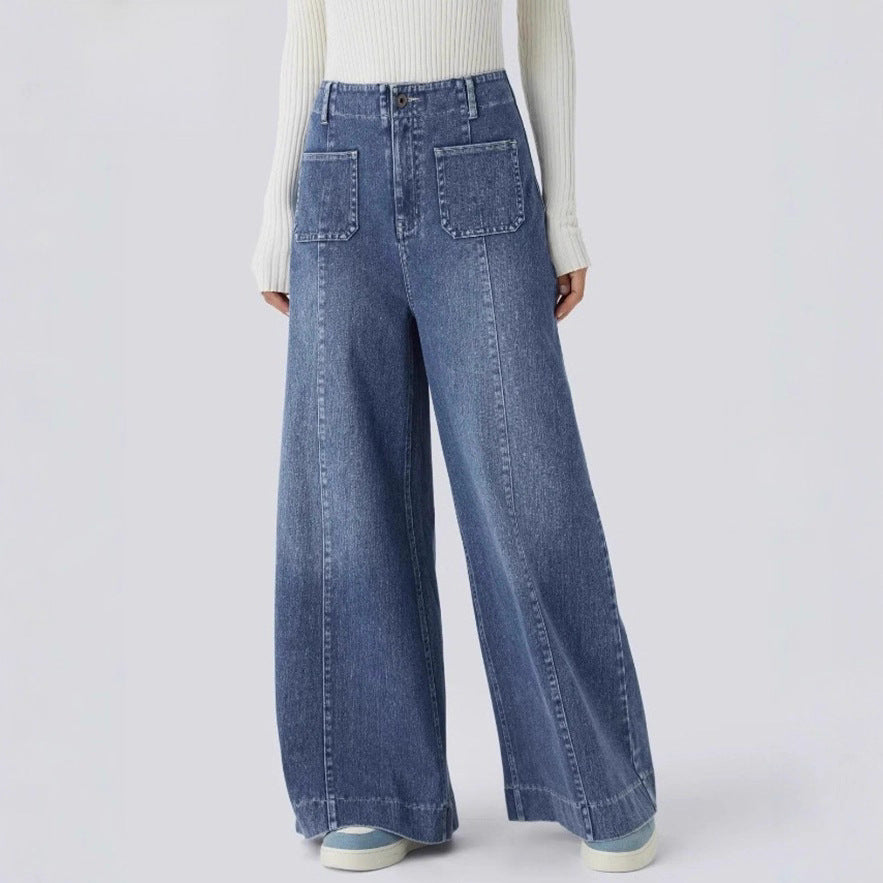 Damen nan hochgeschnittene Jeans-Palazzohose mit weitem Bein und aufgesetzten Fronttaschen R&B