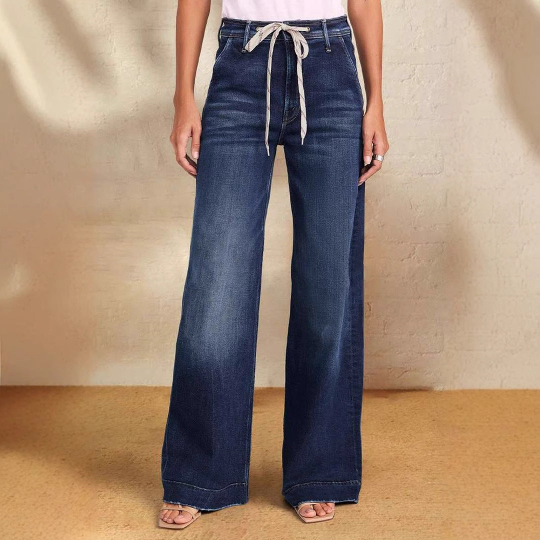 Damen Weite Denim-Hose mit hohem Bund und regulierbarem Kordelzug R&B