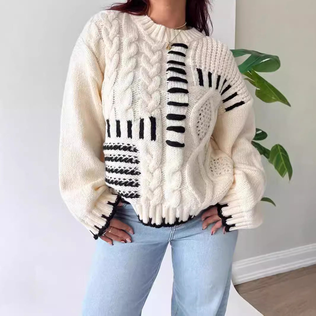Damen Grobstrickpullover mit kreativem Patchwork-Design und lässigem Schnitt R&B