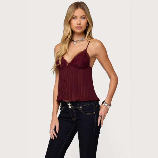 Damen Chiffon Top mit Spitzenakzenten und plissiertem Design R&B
