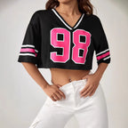 Damen Crop-Top mit sportivem V-Ausschnitt und grafischem Druck