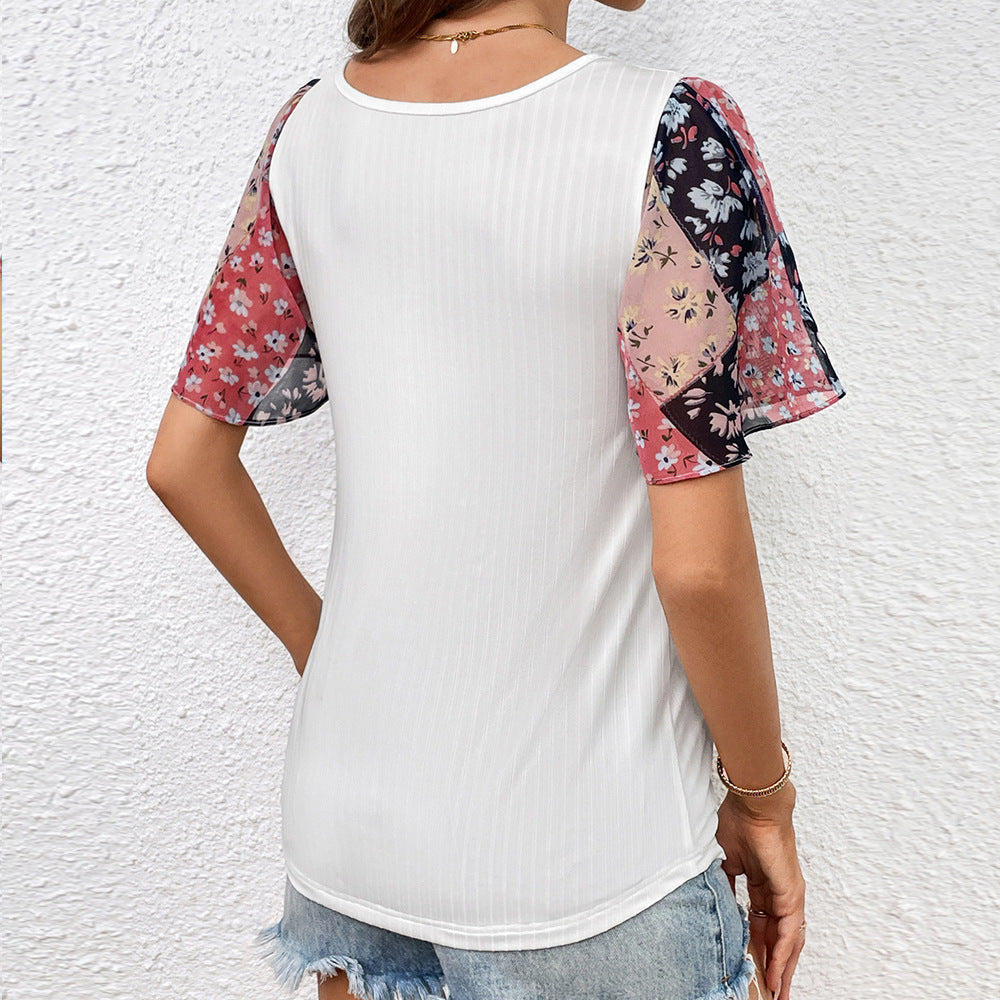 Damen T-Shirt mit eleganten transparenter Blumenärmeln R&B