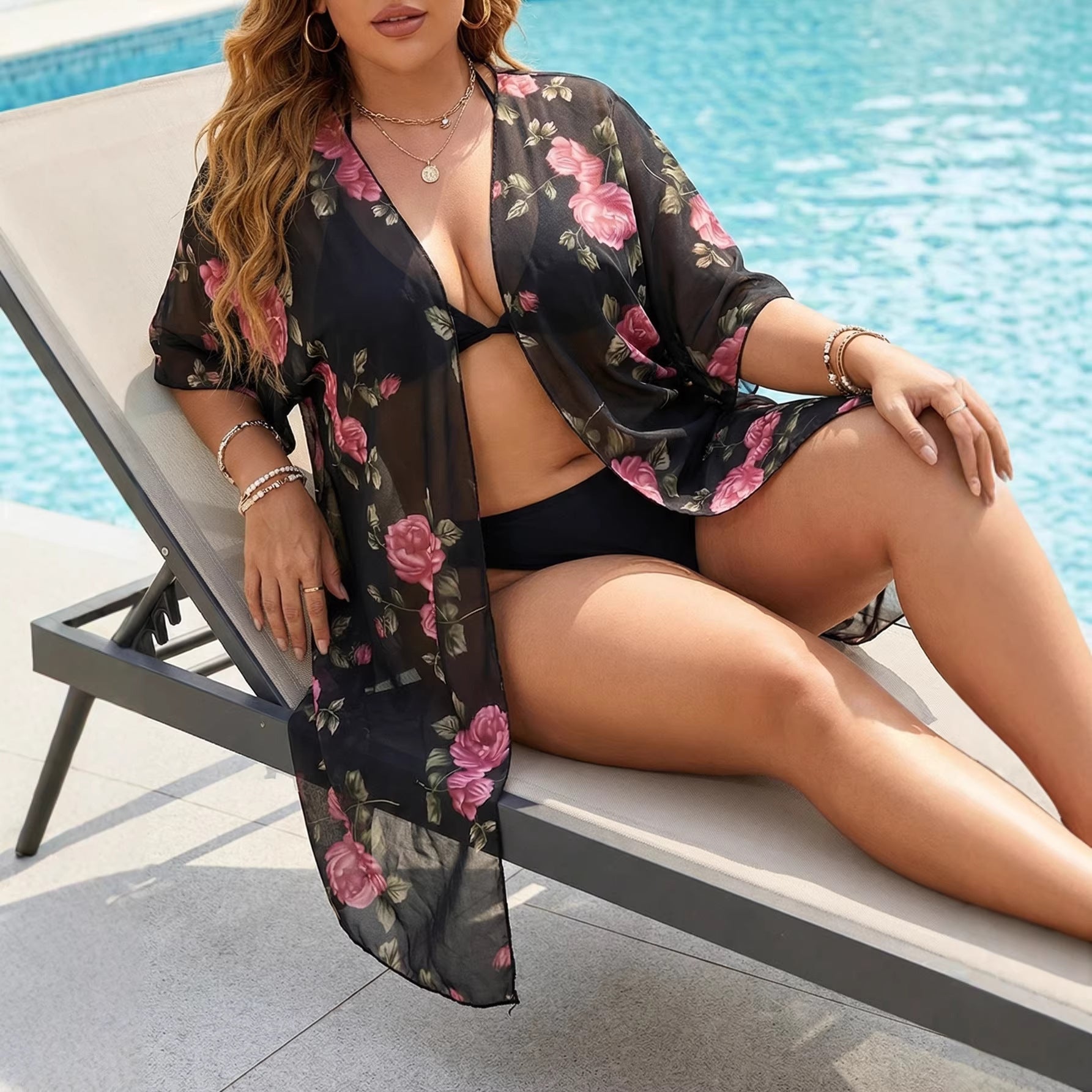 Damen transparenter Strandüberwurf mit floralen Mustern R&B