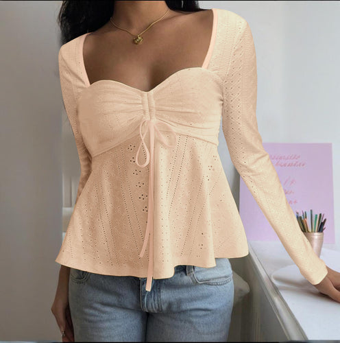 Damen Rüschenshirt mit tiefem Herz-Ausschnitt und verspieltem eleganten Design R&B