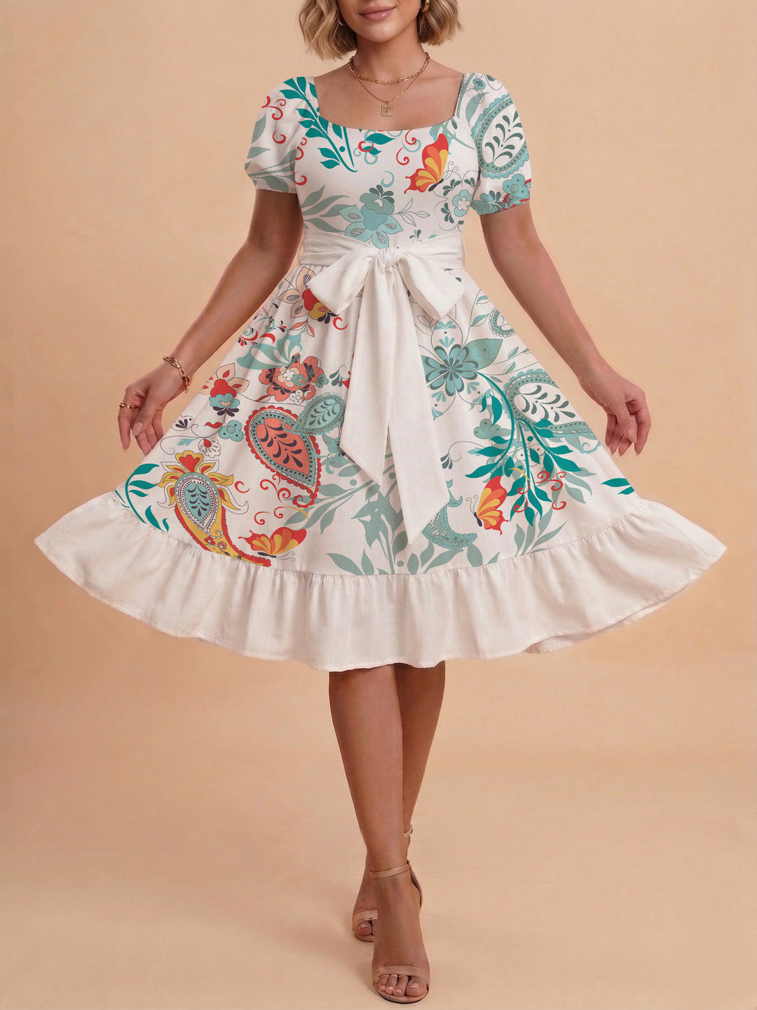 Damen elegantes Maxikleid mit floralem Design und Taillengürtel R&B