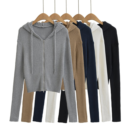 Damen lässiger Strickzipper mit Kapuze R&B