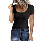 Damen Kurzes T-Shirt mit Knopfdetails und Rippstruktur R&B
