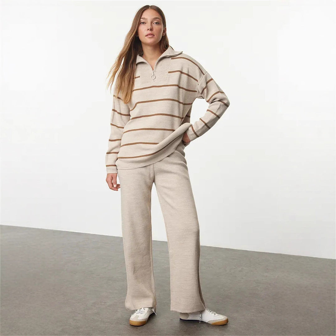 Damen lässiger Strickpullover mit halbem Reißverschluss und weitem Schnitt R&B