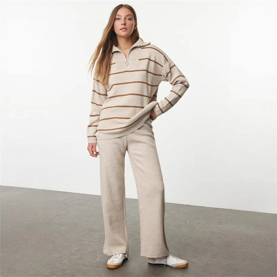 Damen lässiger Strickpullover mit halbem Reißverschluss und weitem Schnitt R&B